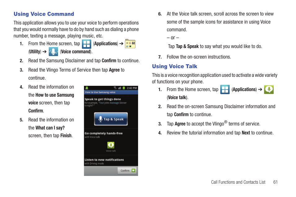 Using voice command, Using voice talk, Using voice command using voice talk | Samsung SGH-T769NKBTMB User Manual | Page 65 / 310