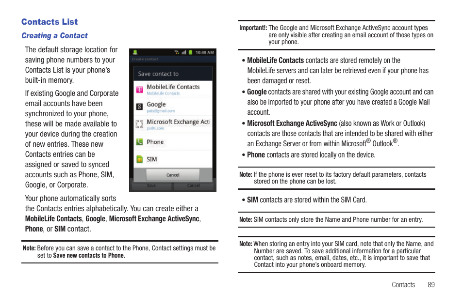 Contacts list | Samsung SGH-T769NKBTMB User Manual | Page 93 / 310