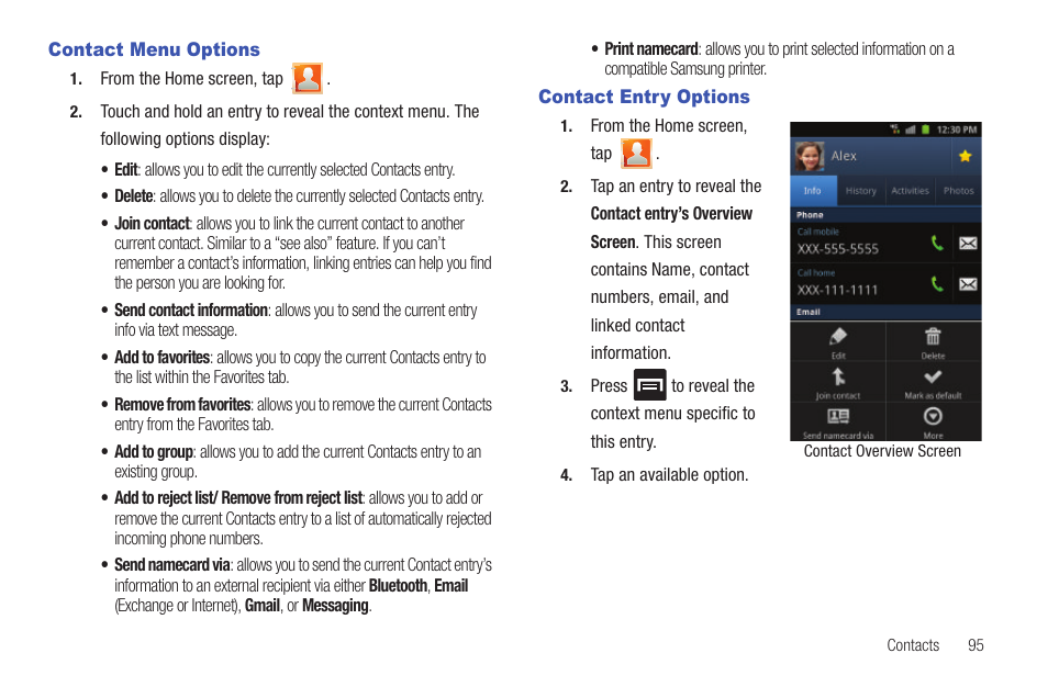 Contact menu options, Contact entry options, Contact menu options contact entry options | Samsung SGH-T769NKBTMB User Manual | Page 99 / 310