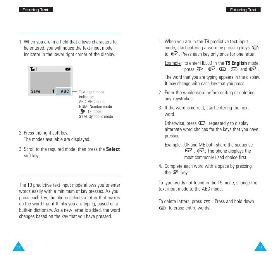 Changing the text input mode, Using the t9 mode | Samsung SGH-R225LV-XAR User Manual | Page 19 / 69