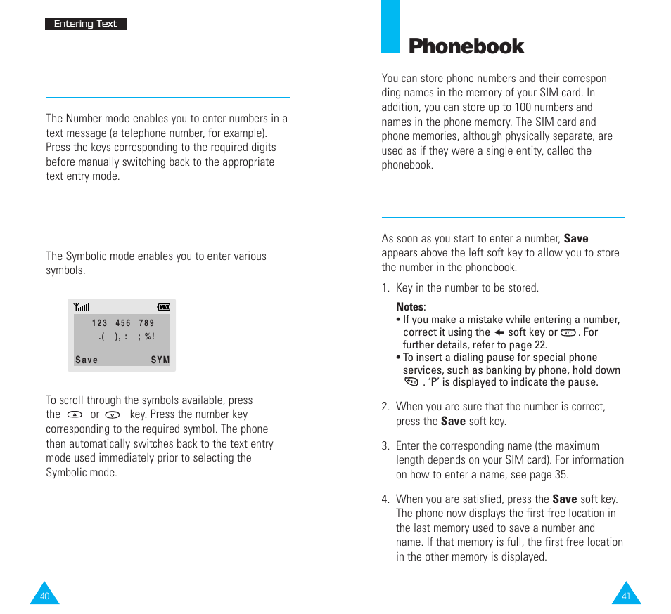 Phonebook, Storing a phone number with a name, Using the number mode | Using the symbolic mode | Samsung SGH-R225LV-XAR User Manual | Page 21 / 69