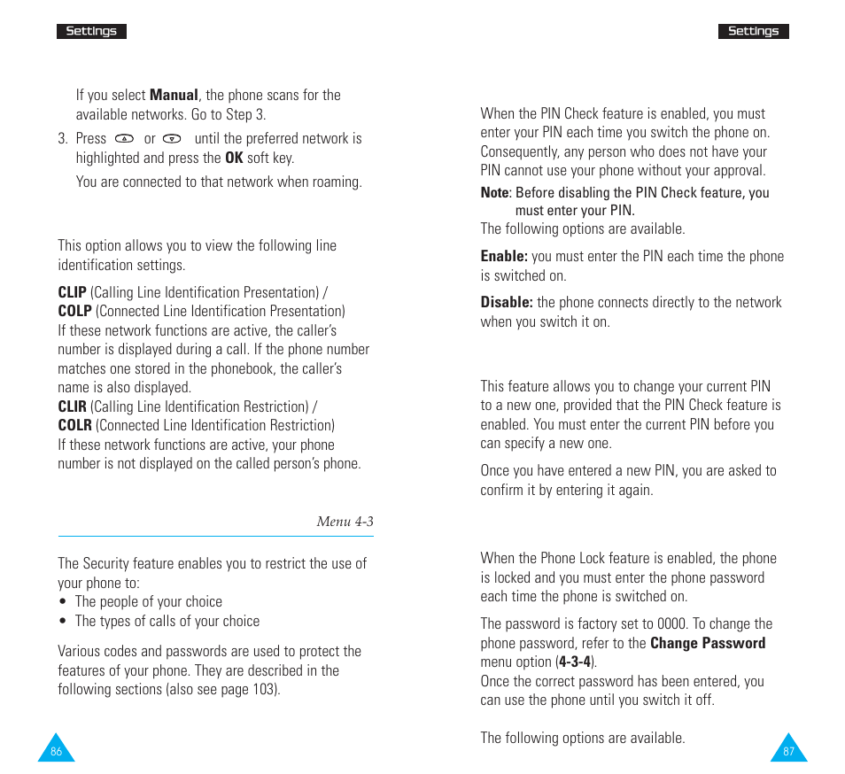 Security settings, Pin check, Change pin | Phone lock, Line identification | Samsung SGH-R225LV-XAR User Manual | Page 45 / 69