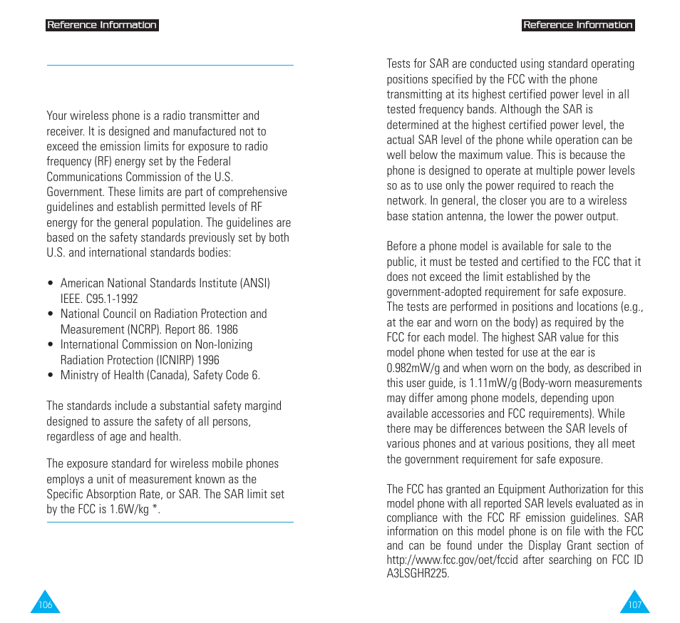 Health and safety information, Exposure to radio frequency (rf) signals | Samsung SGH-R225LV-XAR User Manual | Page 56 / 69