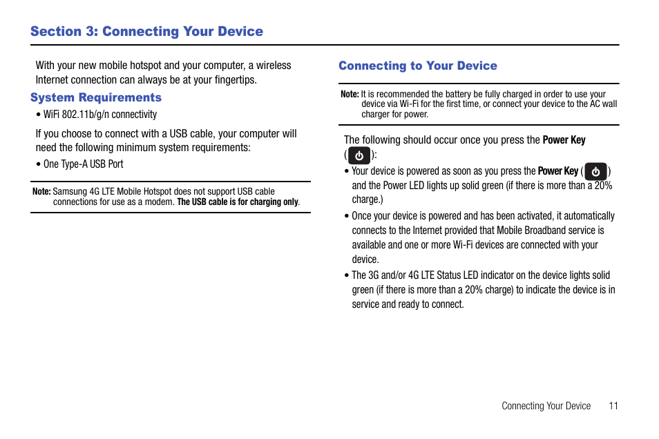 Section 3: connecting your device, System requirements, Connecting to your device | System requirements connecting to your device | Samsung SEC-LC11ZKAVZW User Manual | Page 15 / 45