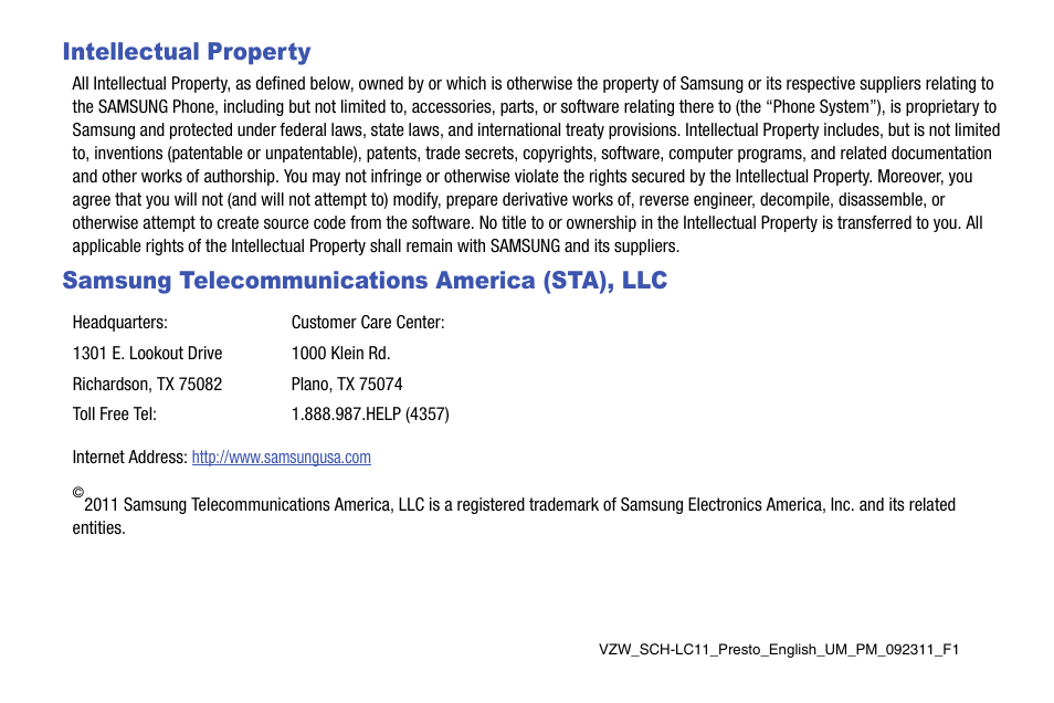 Intellectual property, Samsung telecommunications america (sta), llc | Samsung SEC-LC11ZKAVZW User Manual | Page 2 / 45