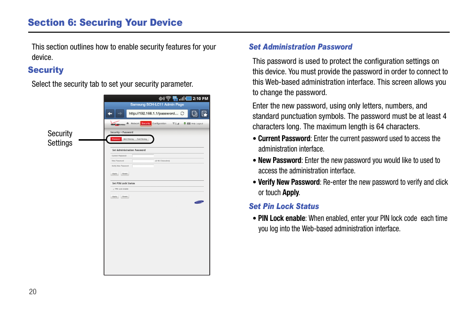 Section 6: securing your device, Security | Samsung SEC-LC11ZKAVZW User Manual | Page 24 / 45