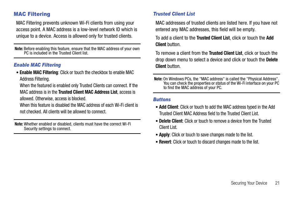 Mac filtering | Samsung SEC-LC11ZKAVZW User Manual | Page 25 / 45