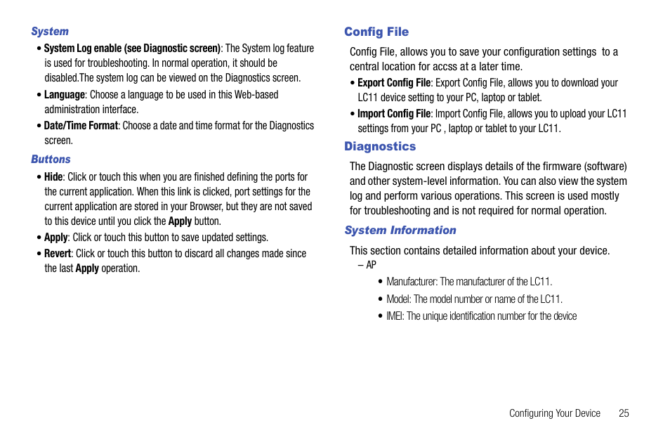 Config file, Diagnostics, Config file diagnostics | Samsung SEC-LC11ZKAVZW User Manual | Page 29 / 45