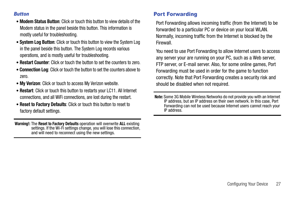 Port forwarding | Samsung SEC-LC11ZKAVZW User Manual | Page 31 / 45