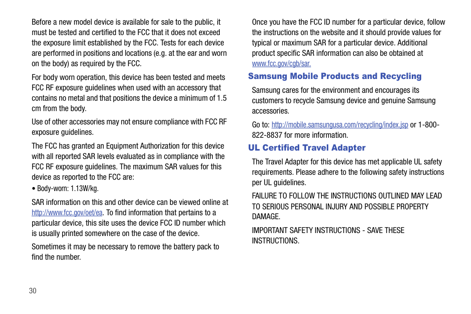 Samsung mobile products and recycling, Ul certified travel adapter | Samsung SEC-LC11ZKAVZW User Manual | Page 34 / 45