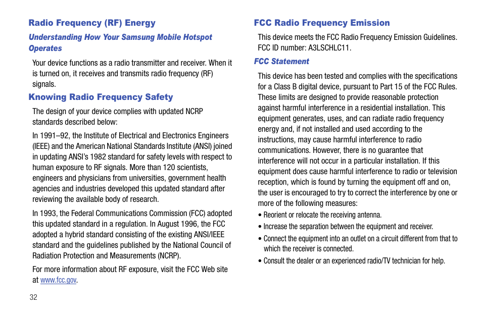 Radio frequency (rf) energy, Knowing radio frequency safety, Fcc radio frequency emission | Samsung SEC-LC11ZKAVZW User Manual | Page 36 / 45