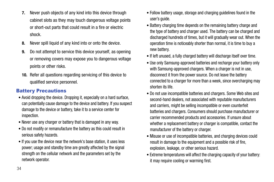 Battery precautions | Samsung SEC-LC11ZKAVZW User Manual | Page 38 / 45