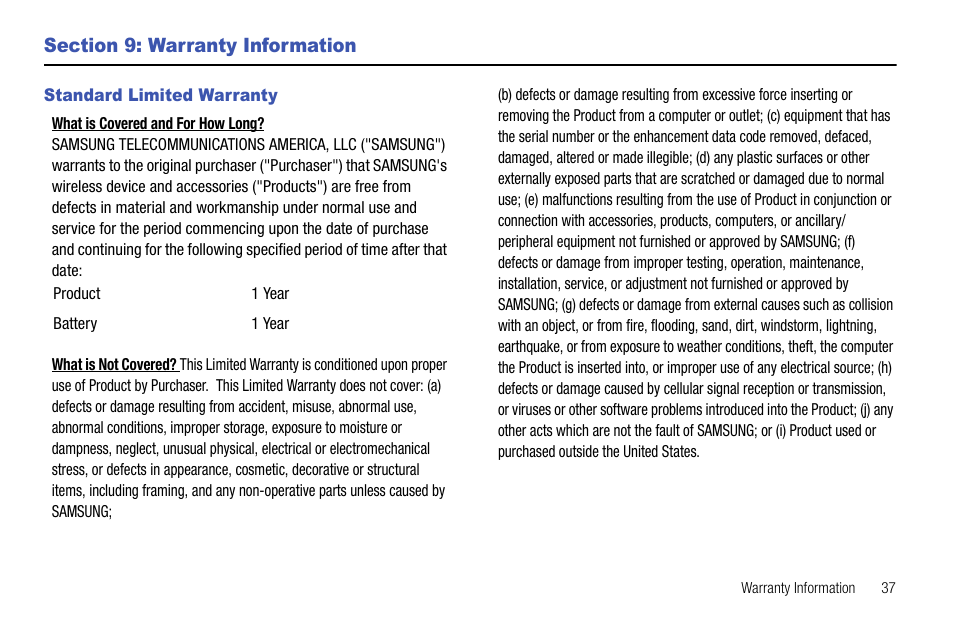 Section 9: warranty information, Standard limited warranty | Samsung SEC-LC11ZKAVZW User Manual | Page 41 / 45