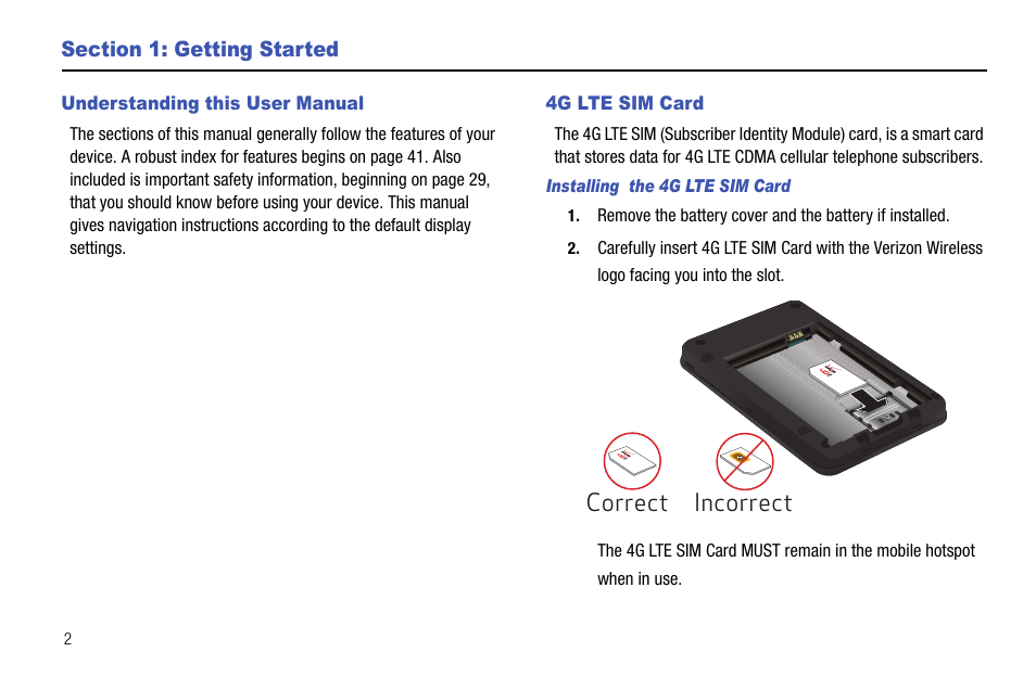 Section 1: getting started, Understanding this user manual, 4g lte sim card | Understanding this user manual 4g lte sim card, Incorrect correct | Samsung SEC-LC11ZKAVZW User Manual | Page 6 / 45