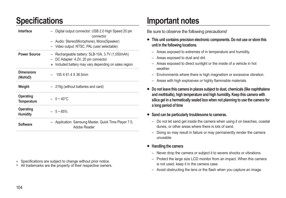 Specifi cations | Samsung EC-HZ10WBBP-US User Manual | Page 105 / 114