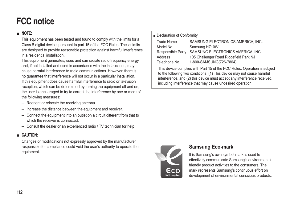 Fcc notice | Samsung EC-HZ10WBBP-US User Manual | Page 113 / 114