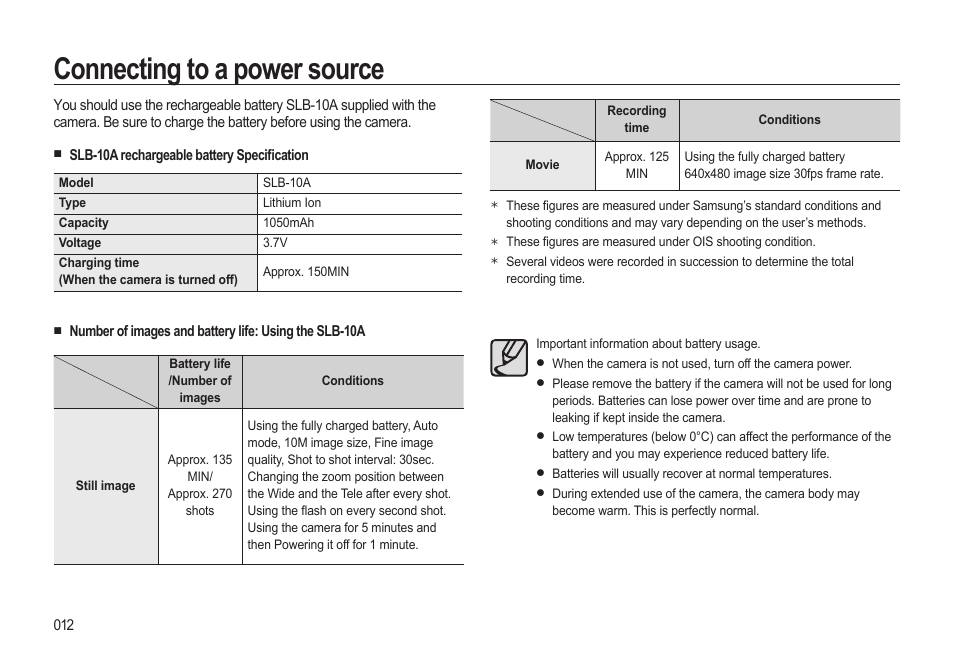Connecting to a power source | Samsung EC-HZ10WBBP-US User Manual | Page 13 / 114