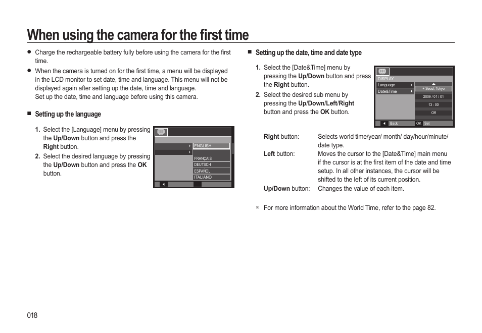 When using the camera for the fi rst time, Setting up the language, Setting up the date, time and date type | Samsung EC-HZ10WBBP-US User Manual | Page 19 / 114