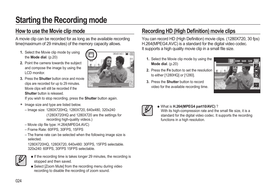 Starting the recording mode, How to use the movie clip mode, Recording hd (high defi nition) movie clips | Samsung EC-HZ10WBBP-US User Manual | Page 25 / 114