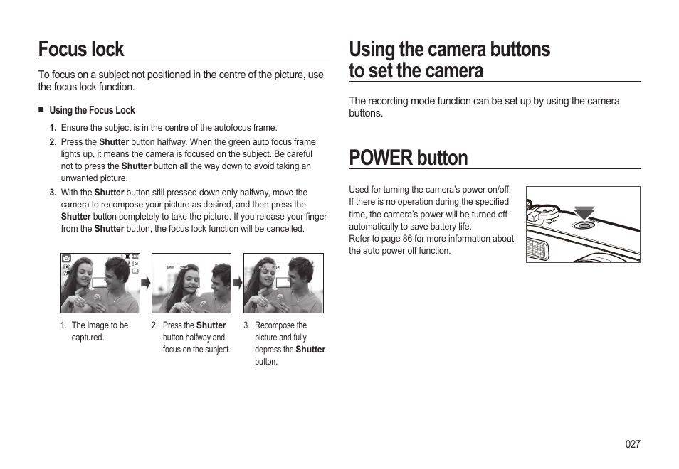 Using the camera buttons to set the camera, Power button, Focus lock | Samsung EC-HZ10WBBP-US User Manual | Page 28 / 114