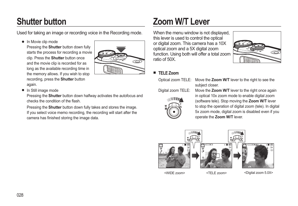Shutter button, Zoom w/t lever | Samsung EC-HZ10WBBP-US User Manual | Page 29 / 114