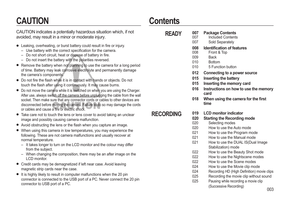 Caution contents, Ready recording | Samsung EC-HZ10WBBP-US User Manual | Page 4 / 114