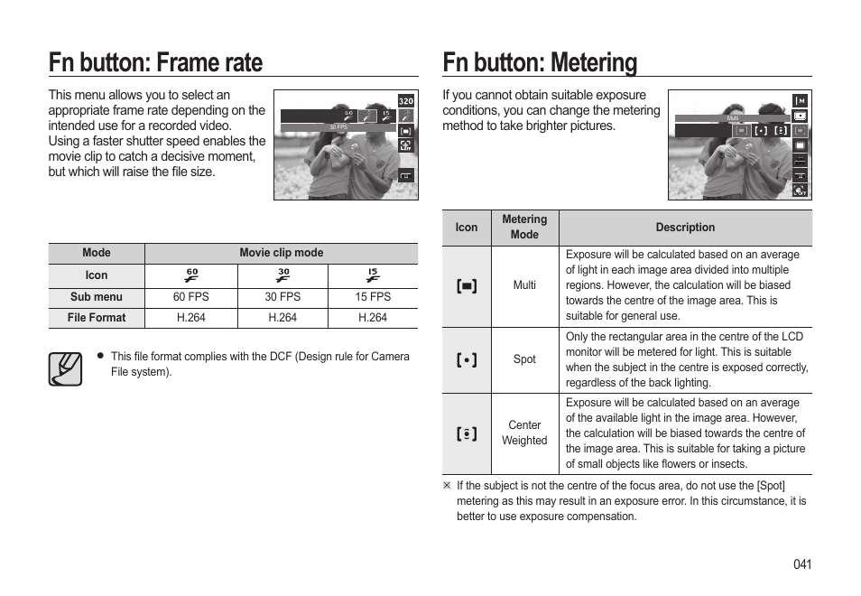 Fn button: frame rate, Fn button: metering | Samsung EC-HZ10WBBP-US User Manual | Page 42 / 114