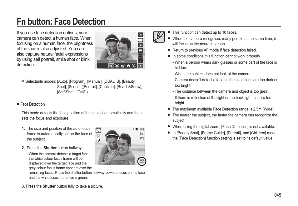 Fn button: face detection | Samsung EC-HZ10WBBP-US User Manual | Page 46 / 114