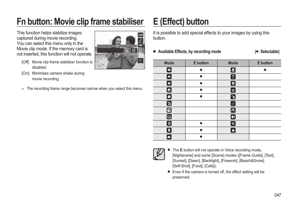 E (effect) button, Fn button: movie clip frame stabiliser | Samsung EC-HZ10WBBP-US User Manual | Page 48 / 114