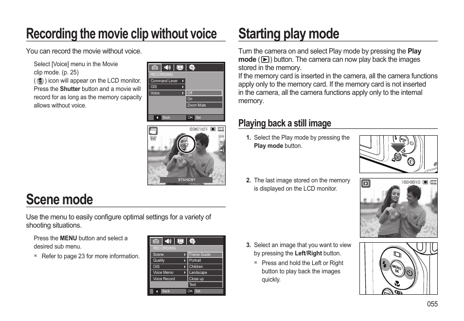 Recording the movie clip without voice, Starting play mode, Scene mode | Playing back a still image | Samsung EC-HZ10WBBP-US User Manual | Page 56 / 114