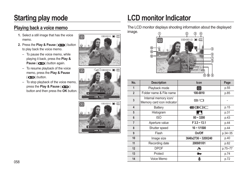 Starting play mode, Lcd monitor indicator | Samsung EC-HZ10WBBP-US User Manual | Page 59 / 114
