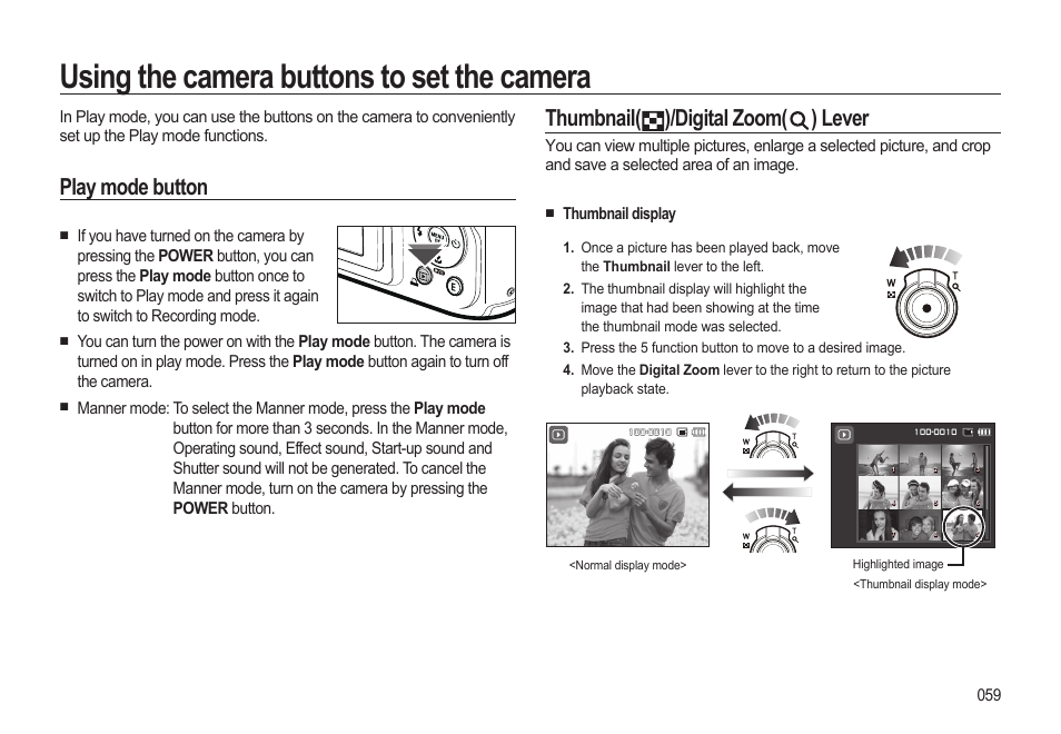 Using the camera buttons to set the camera, Thumbnail( )/digital zoom( ) lever, Play mode button | Thumbnail display | Samsung EC-HZ10WBBP-US User Manual | Page 60 / 114