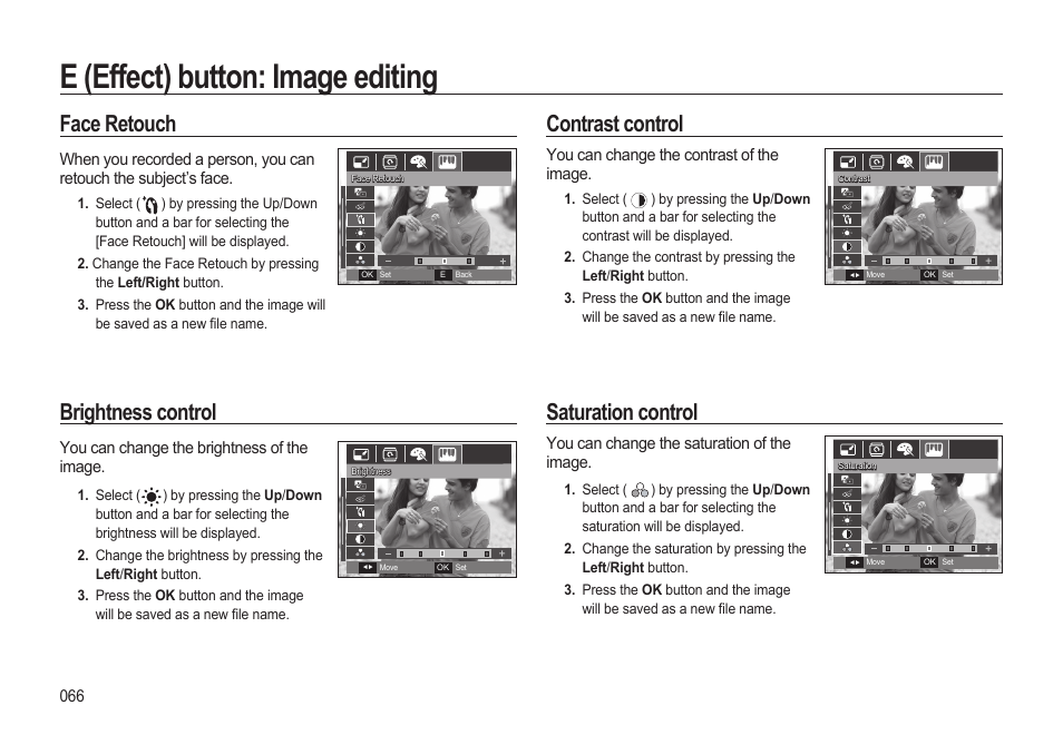 E (effect) button: image editing, Contrast control, Saturation control | Face retouch, Brightness control | Samsung EC-HZ10WBBP-US User Manual | Page 67 / 114