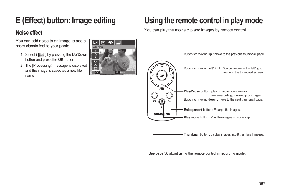Using the remote control in play mode, E (effect) button: image editing, Noise effect | Samsung EC-HZ10WBBP-US User Manual | Page 68 / 114