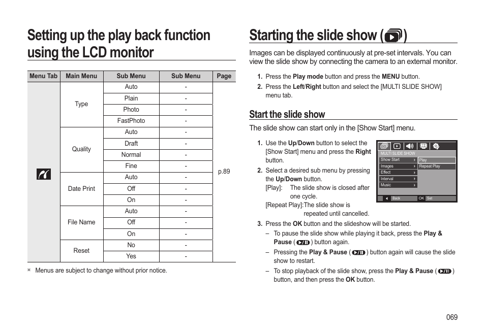 Starting the slide show ( ), Start the slide show | Samsung EC-HZ10WBBP-US User Manual | Page 70 / 114