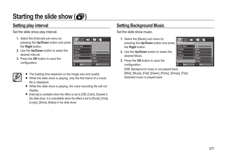 Starting the slide show ( ), Setting play interval, Setting background music | Samsung EC-HZ10WBBP-US User Manual | Page 72 / 114