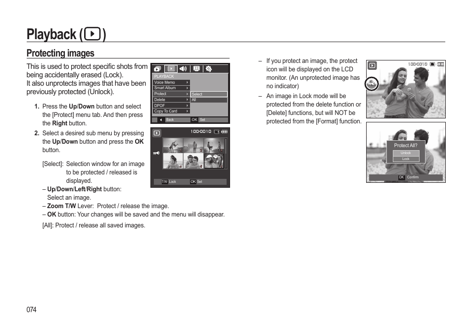 Playback ( ), Protecting images | Samsung EC-HZ10WBBP-US User Manual | Page 75 / 114
