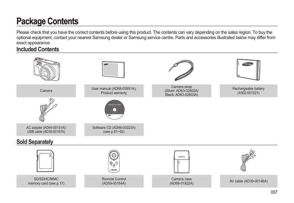 Package contents, Included contents, Sold separately | Samsung EC-HZ10WBBP-US User Manual | Page 8 / 114