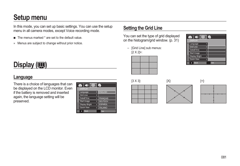 Display ( ), Setup menu, Language | Setting the grid line | Samsung EC-HZ10WBBP-US User Manual | Page 82 / 114