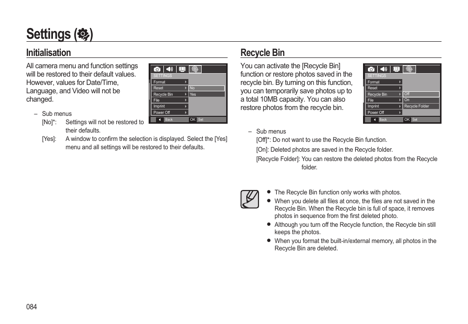 Settings ( ), Initialisation, Recycle bin | Samsung EC-HZ10WBBP-US User Manual | Page 85 / 114