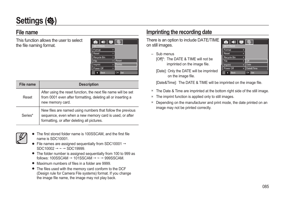 Settings ( ), File name, Imprinting the recording date | Samsung EC-HZ10WBBP-US User Manual | Page 86 / 114
