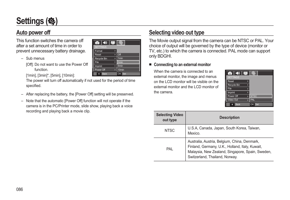 Settings ( ), Auto power off, Selecting video out type | Samsung EC-HZ10WBBP-US User Manual | Page 87 / 114