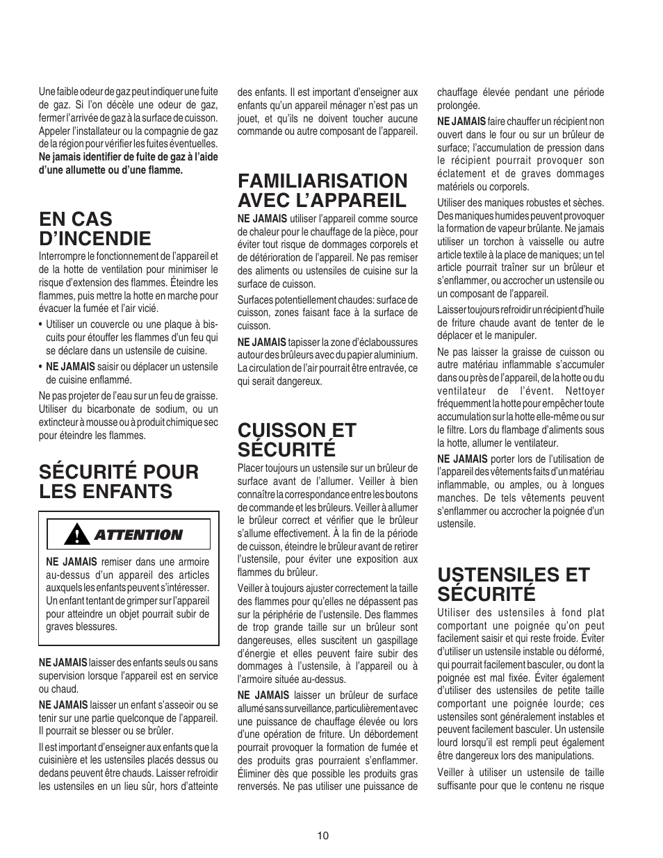 En cas d’incendie, Sécurité pour les enfants, Familiarisation avec l’appareil | Cuisson et sécurité, Ustensiles et sécurité | Amana 8111P446-60 User Manual | Page 11 / 28