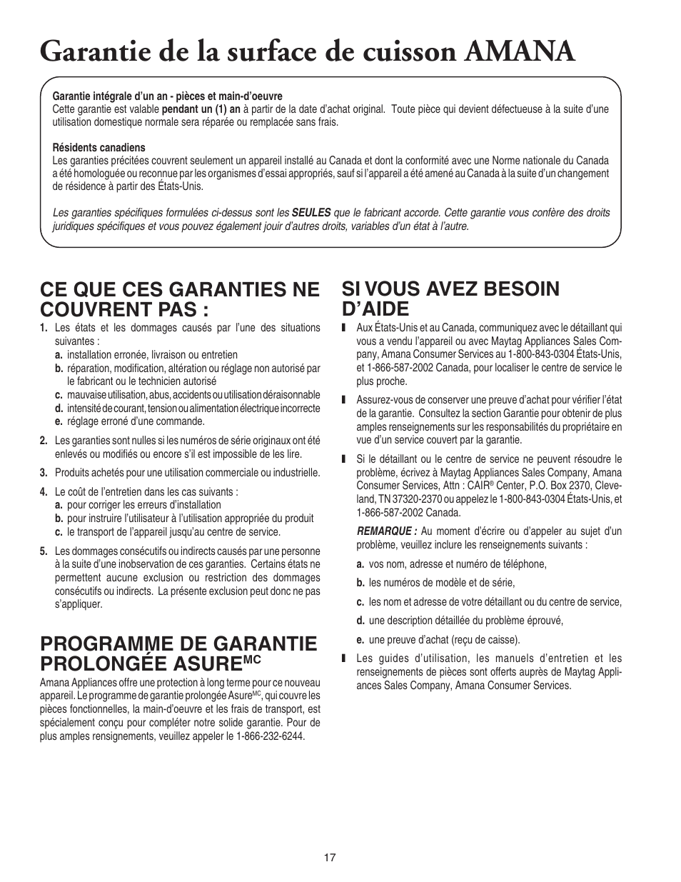 Garantie de la surface de cuisson amana, Ce que ces garanties ne couvrent pas, Programme de garantie prolongée asure | Si vous avez besoin d’aide | Amana 8111P446-60 User Manual | Page 18 / 28