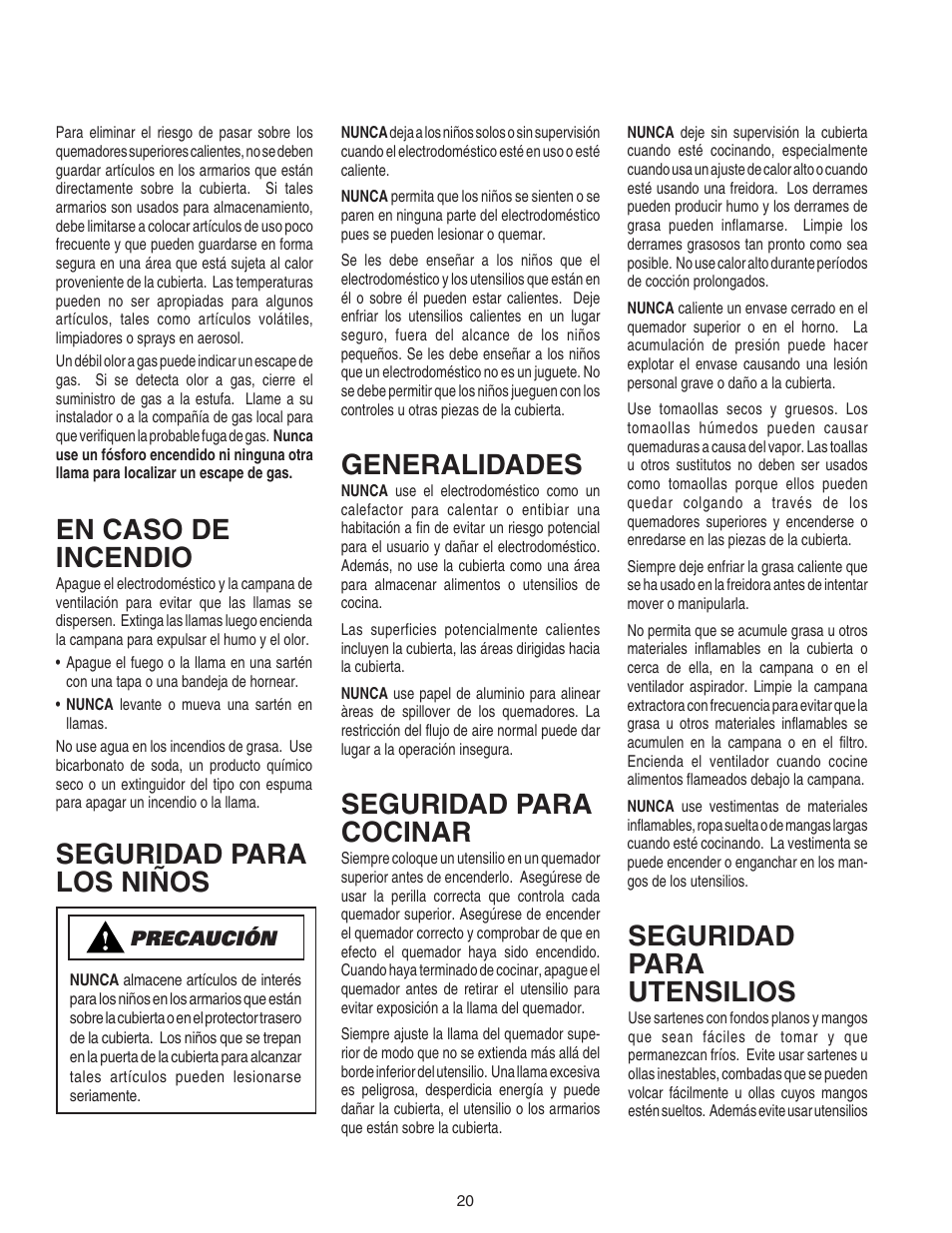En caso de incendio, Generalidades, Seguridad para cocinar | Seguridad para los niños, Seguridad para utensilios | Amana 8111P446-60 User Manual | Page 21 / 28