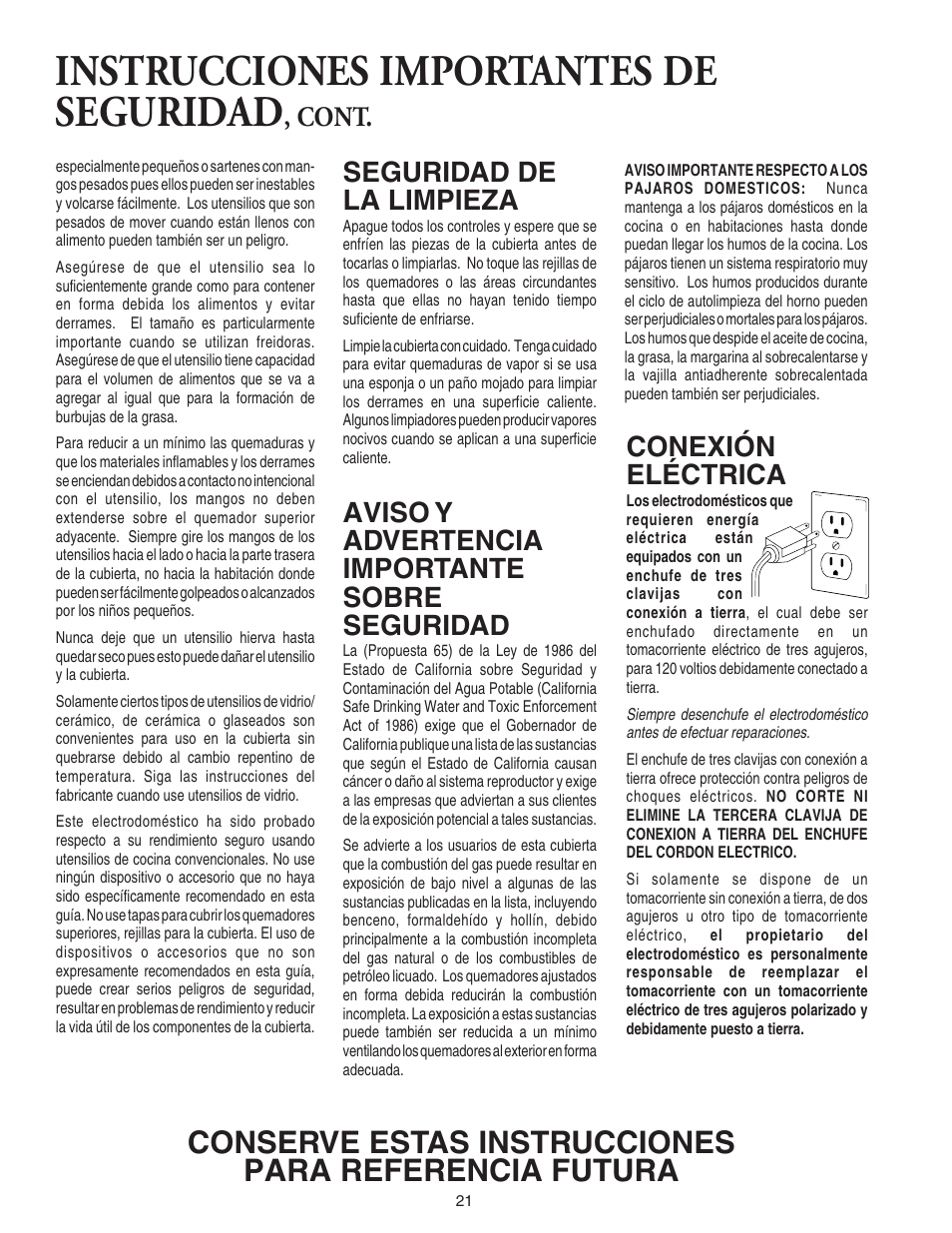 Instrucciones importantes de seguridad, Seguridad de la limpieza, Aviso y advertencia importante sobre seguridad | Conexión eléctrica, Cont | Amana 8111P446-60 User Manual | Page 22 / 28