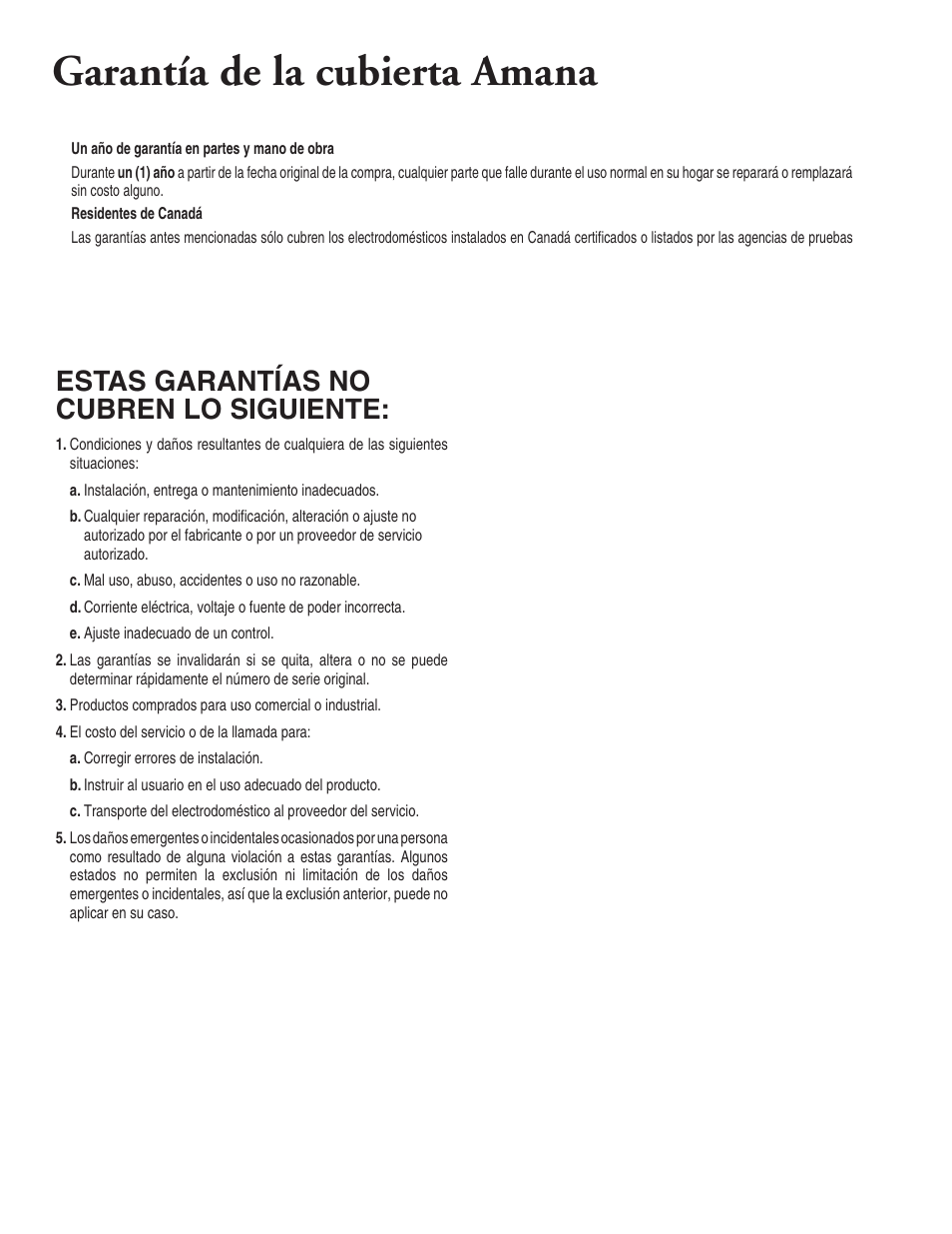 Garantía de la cubierta amana, Estas garantías no cubren lo siguiente | Amana 8111P446-60 User Manual | Page 28 / 28