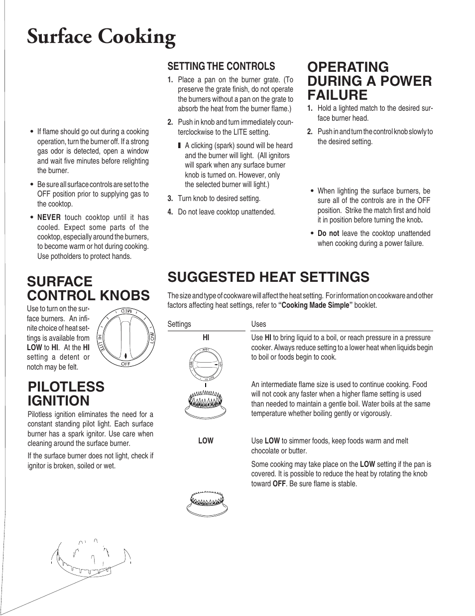 Surface cooking, Suggested heat settings, Surface control knobs | Operating during a power failure, Pilotless ignition | Amana 8111P446-60 User Manual | Page 5 / 28