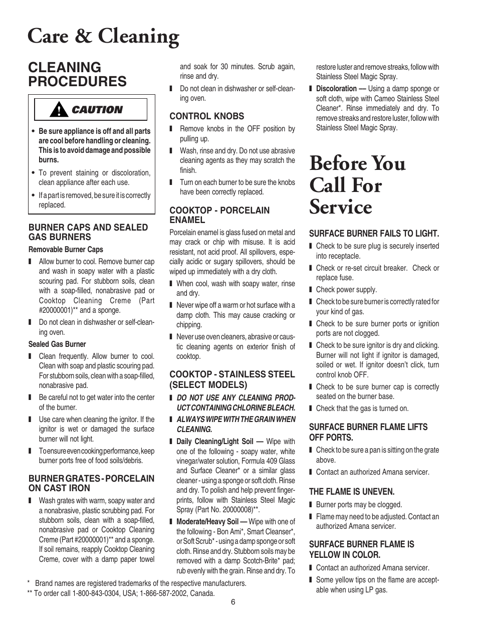 Care & cleaning, Before you call for service, Cleaning procedures | Amana 8111P446-60 User Manual | Page 7 / 28