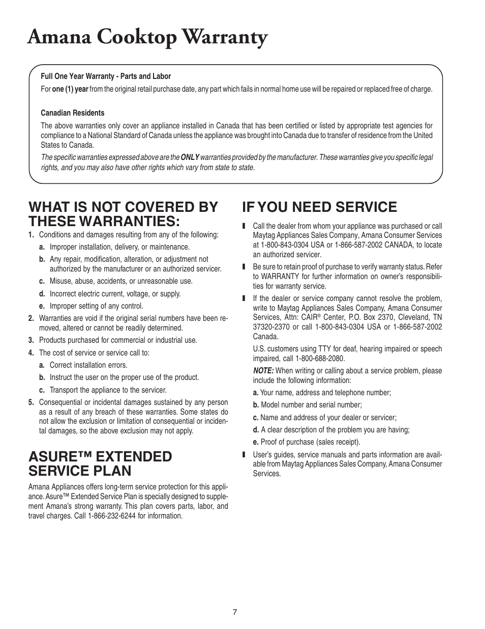 Amana cooktop warranty, If you need service, What is not covered by these warranties | Asure™ extended service plan | Amana 8111P446-60 User Manual | Page 8 / 28
